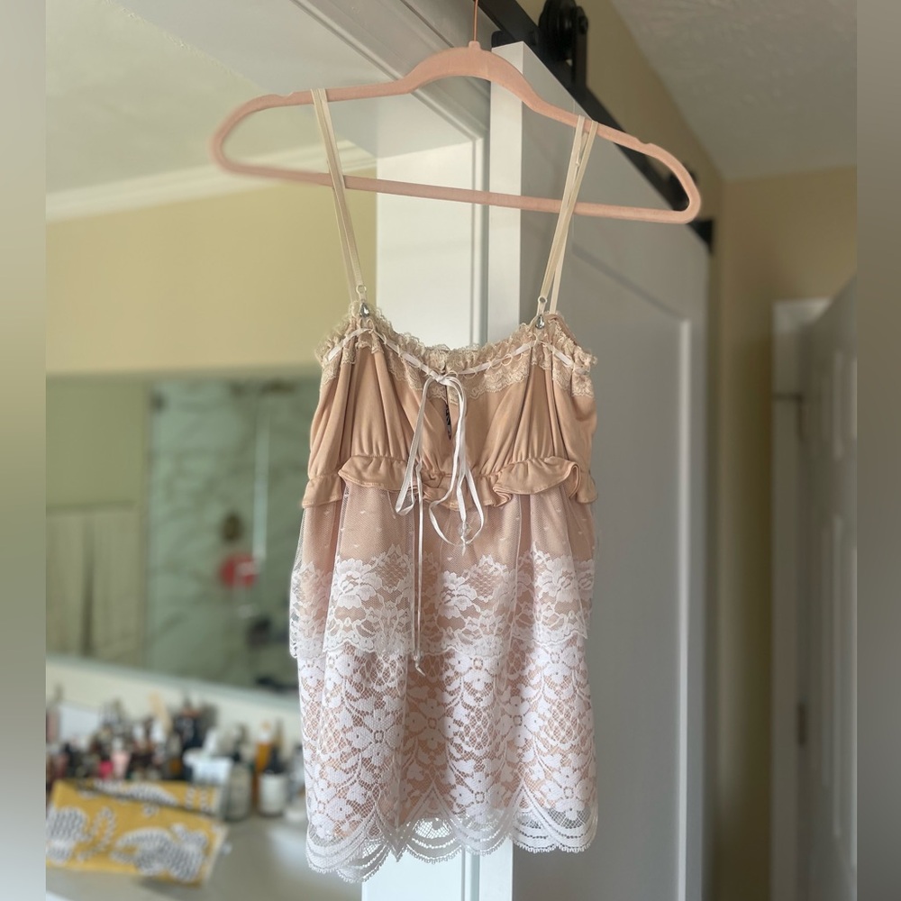 Meghan LA Beige Camisole with White Lace and Rhinestones